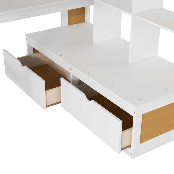 Full Size Loft Bed with Desk and Shelves, Two Built-in Drawers, Storage Staircase, White and Natural 