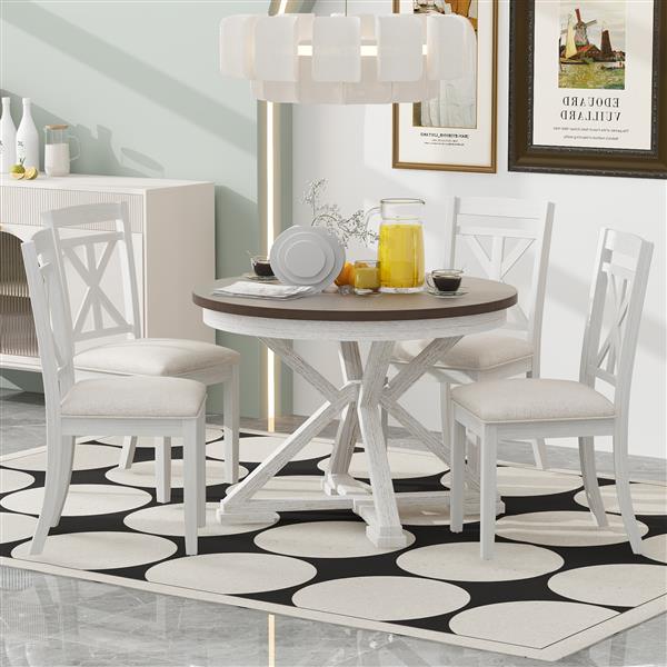 5-Piece Retro Functional Dining Table Set Extendable Round Table and 4 Upholstered Chairs for Dining Room and Living Room (Brown+Antique White)