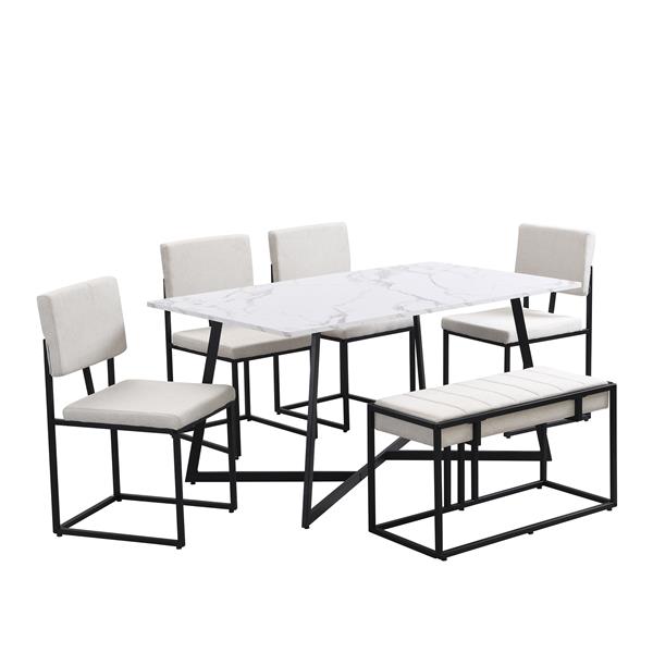 Modern Faux Marble 6-Piece Dining Table Set,60inch Metal Kitchen Table Set with Upholstered Dining Chairs and Bench, Black