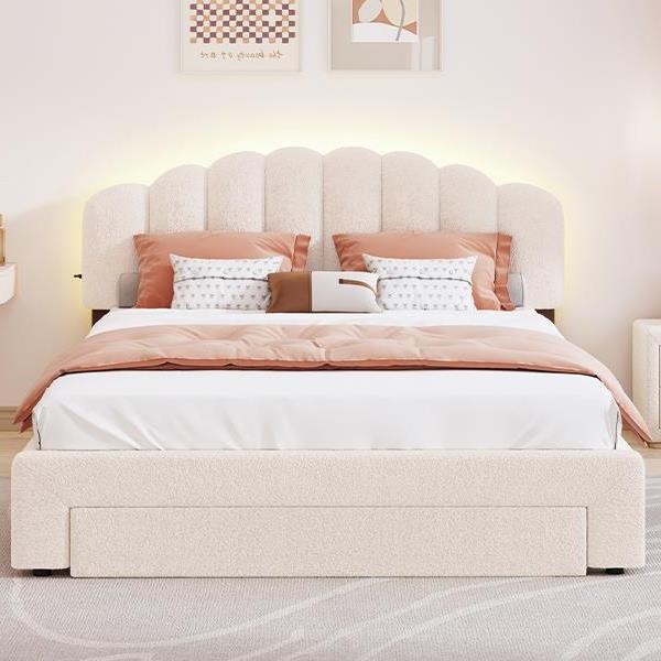 Teddy Fleece Queen Size Upholstered Platform Bed with 1 Nightstand, Beige