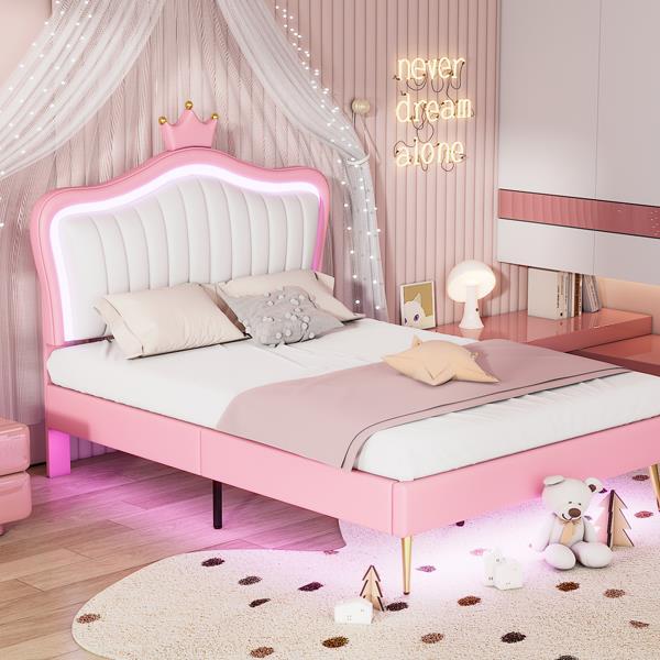 Queen Size Upholstered Bed Frame with LED Lights,Modern Upholstered Princess Bed With Crown Headboard,White+Pink