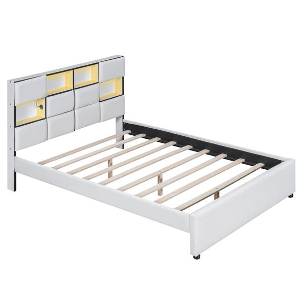 Full Size Upholstered Platform Bed with LED, Storage and USB, Beige