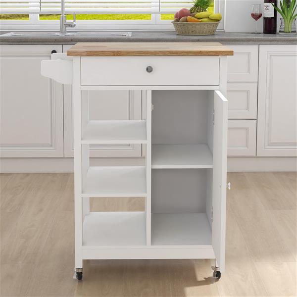 Kitchen island rolling trolley cart with Adjustable Shelves and towel rack rubber wood table top