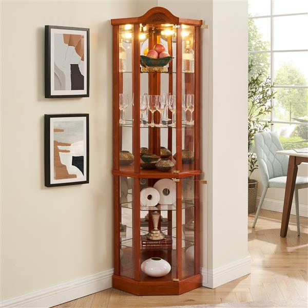 Glass Cabinet Lighted Corner Cabinet Corner Display Curio Cabinet, Glass Display With Light(Included)Bar Cabinet,Wine Cabinet with Adjustable Glass Shelves Carved Decoration OAK Light(Included)