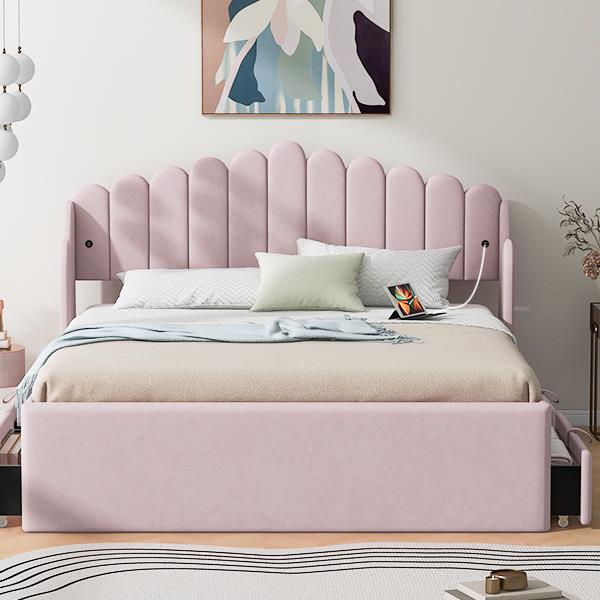 Queen Size Upholstered Platform Bed with 4 Drawers and 2 USB, Pink