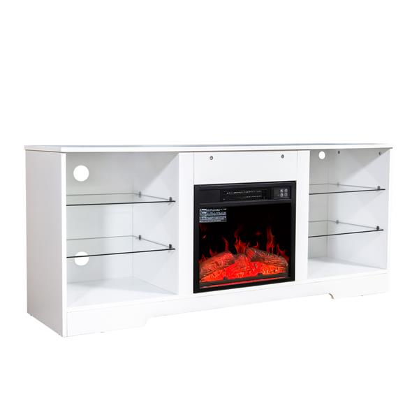 Fireplace TV Stand With 18 Inch Electric Fireplace Heater,Modern Entertainment Center for TVs up to 62 Inch With Adjustable Glass Shelves and Storage Cabinets  ( White )