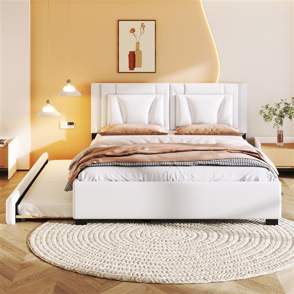 Queen Size Upholstered Platform Bed with Headboard and Twin Size Trundle, White