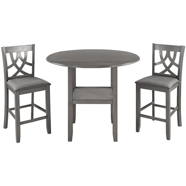 Farmhouse 3 Piece Round Counter Height Kitchen Dining Table Set with Drop Leaf Table, One Shelf and 2 Cross Back Padded Chairs for Small Places, Gray