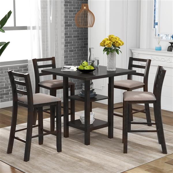 5-Piece Wooden Counter Height Dining Set with Padded Chairs and Storage Shelving (Espresso)