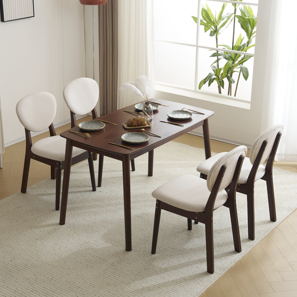 Rubber wood soft bag deep walnut dining table and chair set 1 table 4 chairs beige cushion rectangular