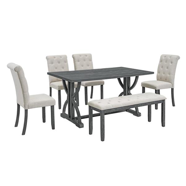 6-Piece Retro Rectangular Dining Table Set, Table with Unique Legs and 4 Upholstered Chairs & 1 Bench for Dining Room and Kitchen (Gray Wash)