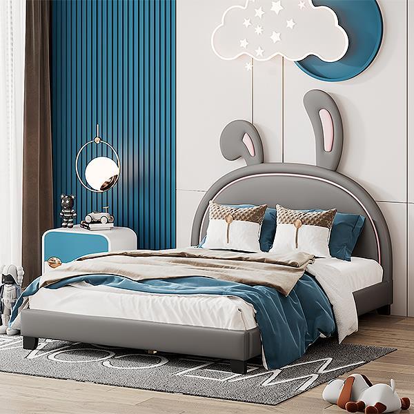 Full Size Upholstered Leather Platform Bed with Rabbit Ornament, Gray