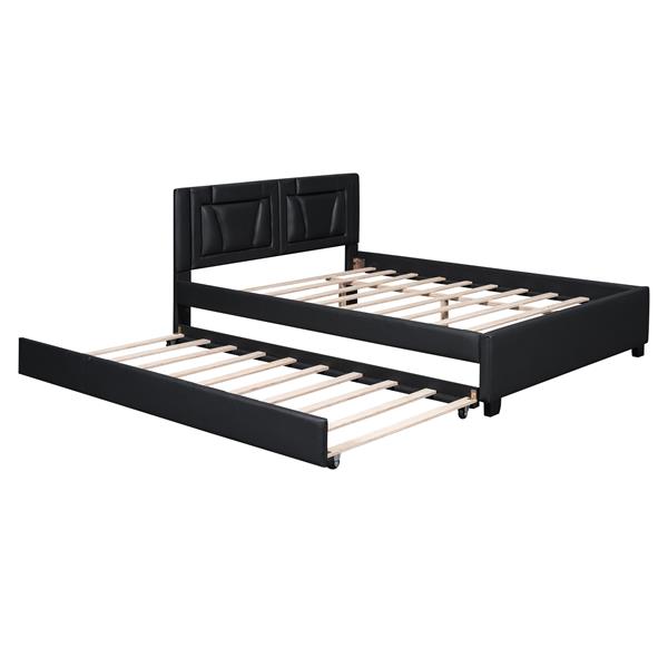 Queen Size Upholstered Platform Bed with Headboard and Twin Size Trundle, Black