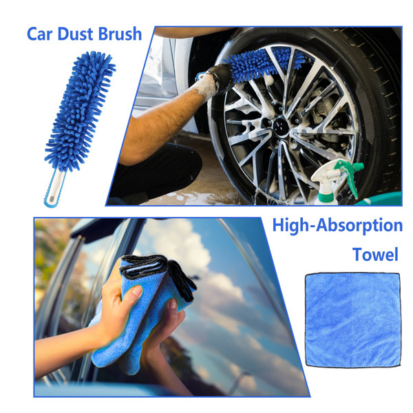 5Pcs Car Cleaning Brush Kit 61in Detachable Long Handle Soft Microfiber Mop Brush Mitt Windshield Squeegee Duster Towel Wheel Tier Brush Hose Adapter For Car RV Truck Boat