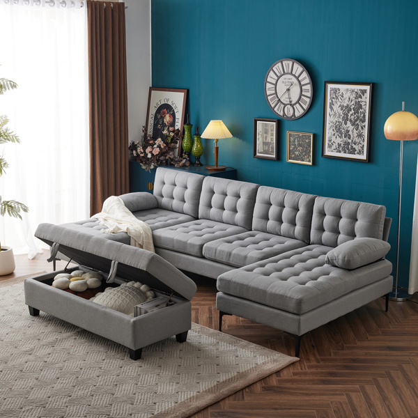 110 inch Sleeper Sectional Sofa Set with Storage Ottoman, U-Shaped 4-Seat Sofa Couch for Living Room, Light Grey ﻿