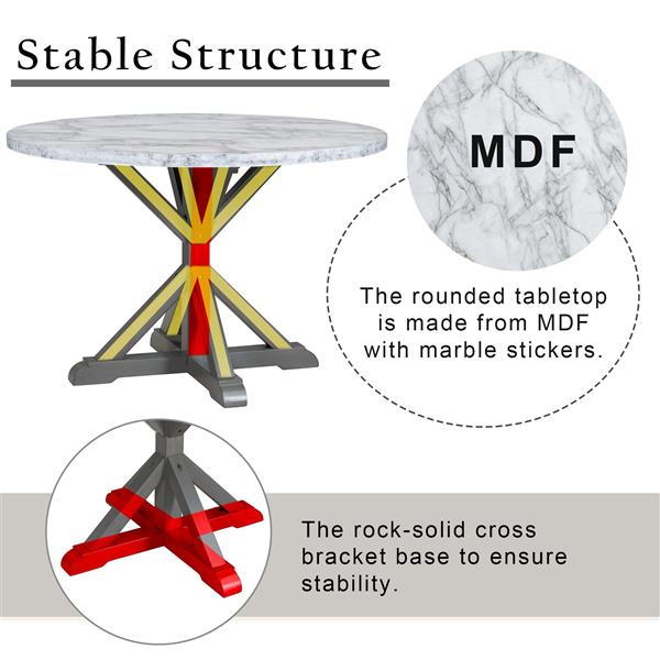 5-Piece Farmhouse Style Dining Table Set, Marble Sticker and Cross Bracket Pedestal Dining Table, and 4 Upholstered Chairs (White+Gray)