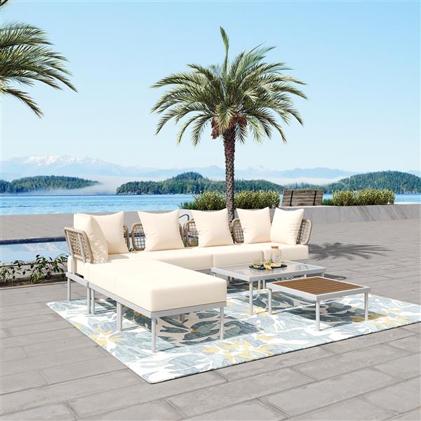 8-Piece Patio Sectional Sofa Set with Tempered Glass Coffee Table and Wooden Coffee Table for Outdoor Oasis, Garden, Patio and Poolside (Beige Cushion + White Steel)