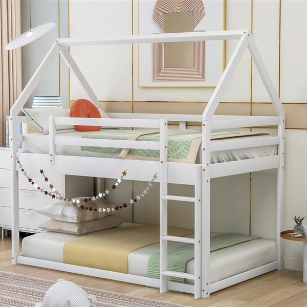 Twin over Twin Low Bunk Bed, House Bed with Ladder , White