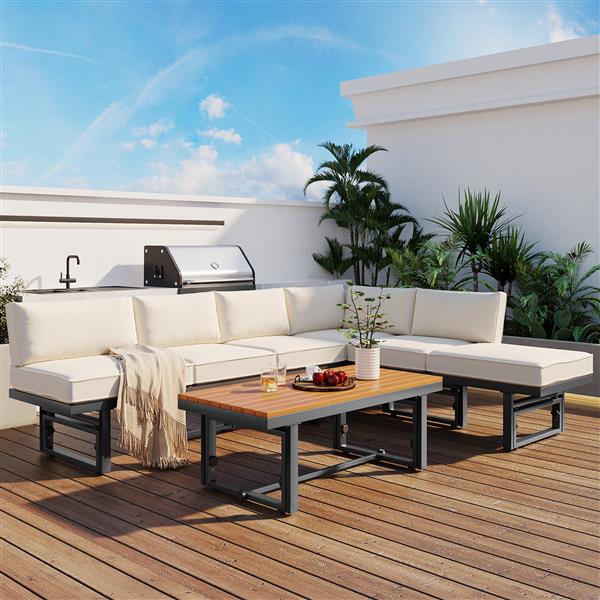 3-Piece Modern Multi-Functional Outdoor Sectional Sofa Set with Height-adjustable Seating and Coffee Table for Patio, Garden and Backyard (Beige)