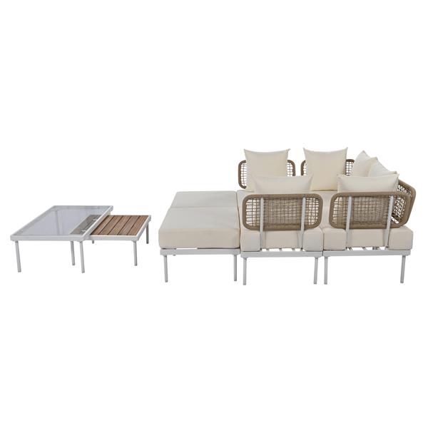 8-Piece Patio Sectional Sofa Set with Tempered Glass Coffee Table and Wooden Coffee Table for Outdoor Oasis, Garden, Patio and Poolside (Beige Cushion + White Steel)