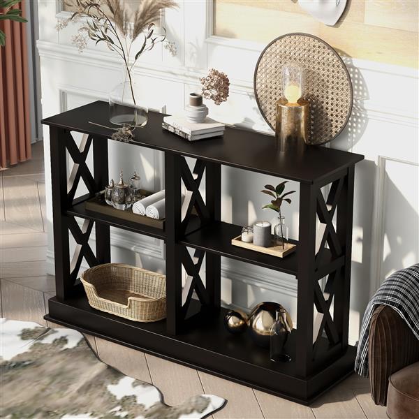 Console Table with 3-Tier Open Storage Spaces and "X" Legs, Narrow Sofa Entry Table for Living Room, Entryway and Hallway (Black)