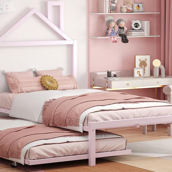 Twin Size Metal Platform Bed with twin size trundle,House-Shaped Headboard Design, Pink