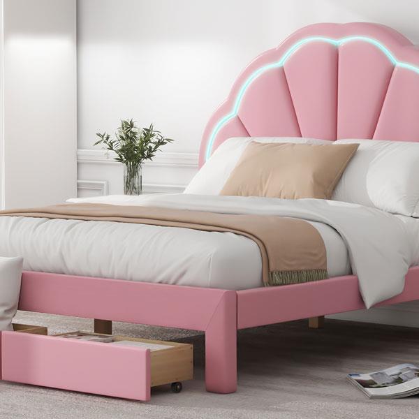 Full Size Upholstered Platform Bed with Seashell Shaped Headboard, LED and 2 Drawers, Pink