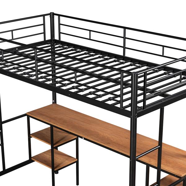 Twin-size Loft Bed with Table & Shelves/ Heavy-duty Sturdy Metal/ Built-in Table & Shelves/ Noise Reduced/ Safety Guardrail/ 2 Side Ladders/ CPC Certified/ No Box Spring Needed