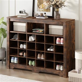 Sleek Design 24 Shoe Cubby Console, Modern Shoe Cabinet with Curved Base, Versatile Sideboard with High-quality for Hallway, Bedroom, Living Room, Rustic Brown