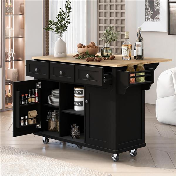 Kitchen Cart with Rubber wood Drop-Leaf Countertop ,Cabinet door internal storage racks,Kitchen Island on 5 Wheels with Storage Cabinet and 3 Drawers for Dinning Room, Black