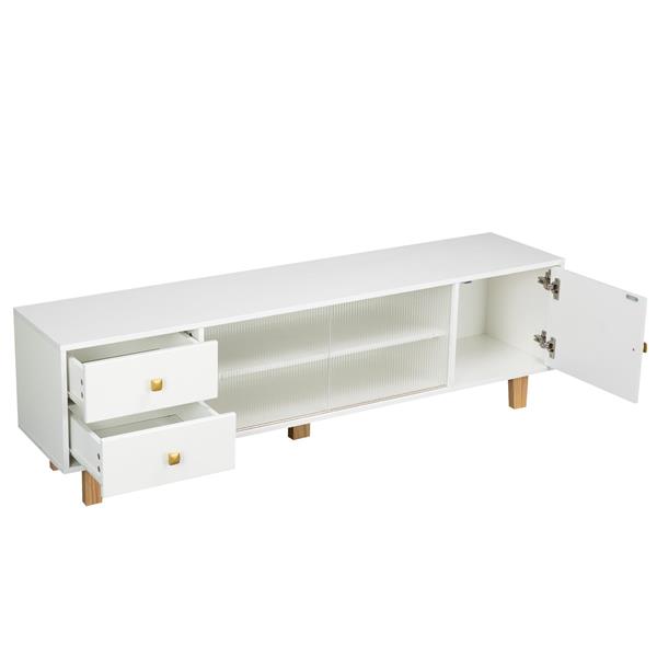 TV stand,TV Cabinet,entertainment center,TV console,media console,plastic door panel,with LED remote control light,sliding door,metal handle,solid wooden leg,can placed in the living room,color:white