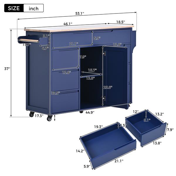 Kitchen Cart with Rubber Wood Countertop , Kitchen Island has 8 Handle-Free Drawers Including a Flatware Organizer and 5 Wheels for Kitchen Dinning Room, Dark Blue