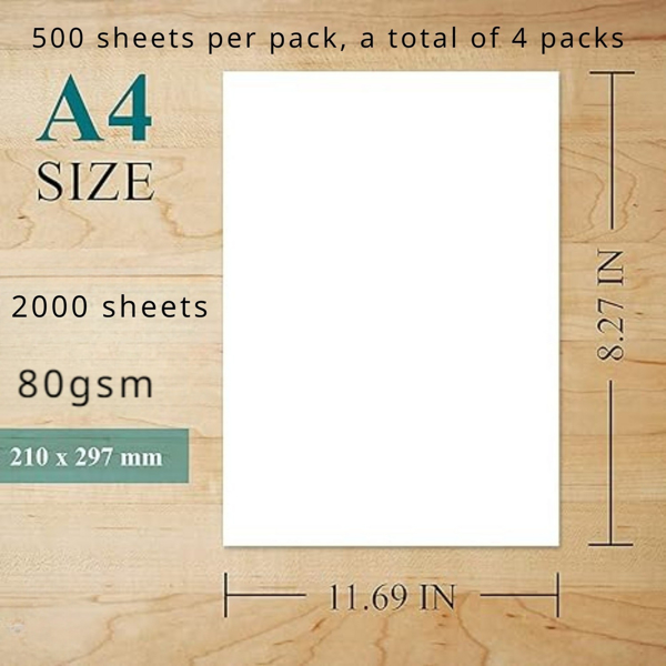 2000 sheets of A4 paper, 80GSM white paper, printer paper, used for office printing, menus, images, invitation letters, each pack of 500 sheets, a total of four packs, size: (8.27 in x 11.69 in)