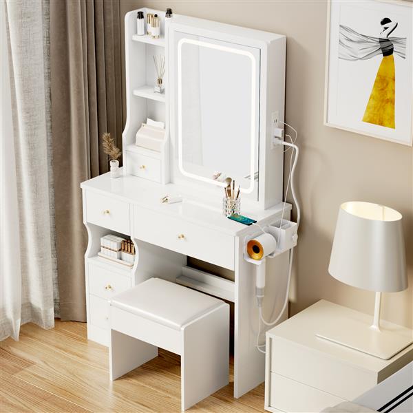 Small Space Left Drawer Desktop Vanity Table + Cushioned Stool, 2 AC+2 USB Power Station, Hair dryer bracket, Extra Large Touch Control Sliding LED Mirror, Tri-color Switching, Brightness Adjustable