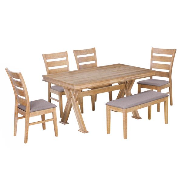 6-Piece Retro 59"L Rectangular Dining Table Set, Table with Unique Legs and 4 Upholstered Chairs & 1 Bench for Dining Room and Kitchen (Natural Wood Wash)