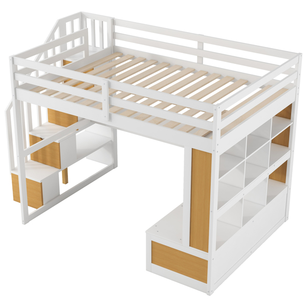 Full Size Loft Bed with Desk and Shelves, Two Built-in Drawers, Storage Staircase, White and Natural 