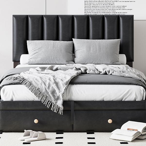 Full Size Upholstered Bed with Hydraulic Storage System and Drawer, Black