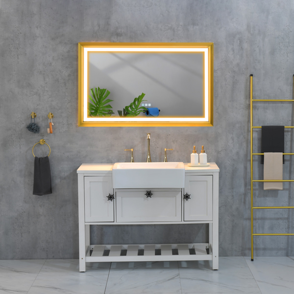 42x24 Inch LED Frontlit Bathroom Mirror with Metal Frame, Wall Mounted Vanity Mirror with Smart Touch Button, Anti-Fog, Memory Function, 3 Colors, Stepless Dimmable Makeup Mirror(Horizontal/Vertical)