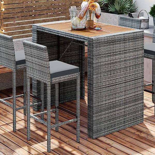 5-pieces Outdoor Patio Wicker Bar Set, Bar Height Chairs With Non-Slip Feet And Fixed Rope, Removable Cushion, Acacia Wood Table Top, Brown Wood And Gray Wicker