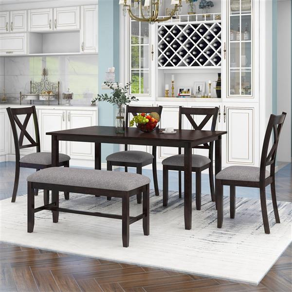 6-Piece Kitchen Dining Table Set Wooden Rectangular Dining Table, 4 Fabric Chairs and Bench Family Furniture (Espresso)