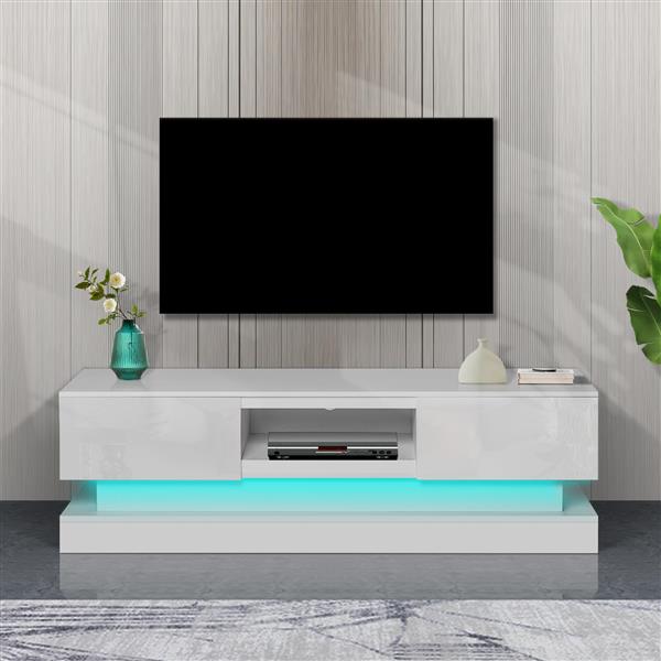 51.18inch  WHITE morden TV Stand with LED Lights,high glossy front TV Cabinet,can be assembled in Lounge Room, Living Room or Bedroom,color:WHITE