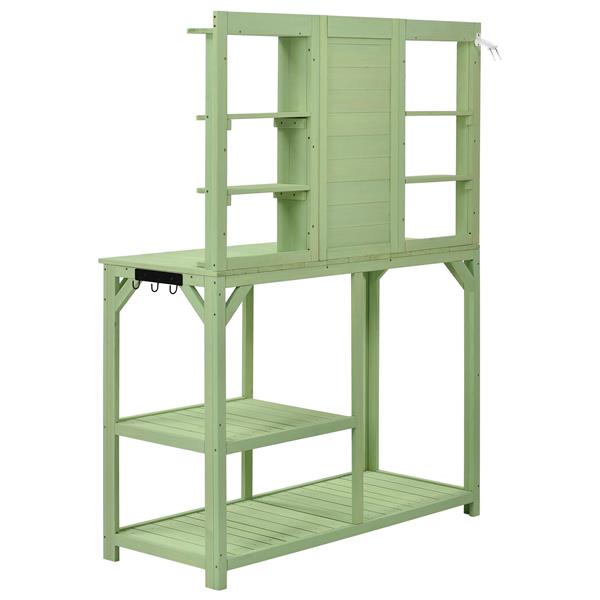 64.6" Large Outdoor Potting Bench, Garden Potting Table, Wood Workstation with 6-Tier Shelves, Large Tabletop and Side Hook for Mudroom, Backyard,Green