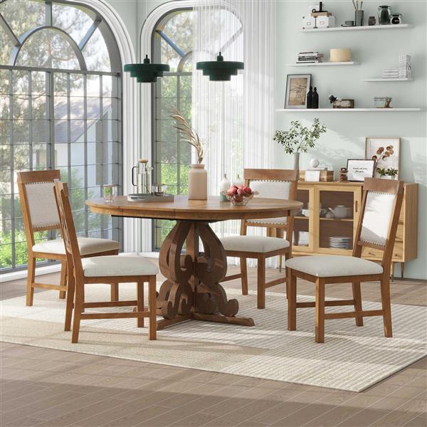 5-Piece Retro Functional Dining Set, 1 Extendable Table with a 16-inch Leaf and 4 Upholstered Chairs for Dining Room and Kitchen (Walnut)