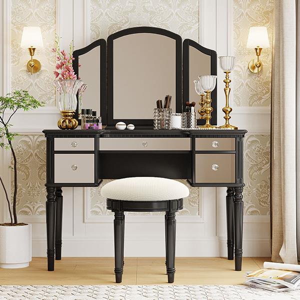 43" Dressing Table Set with Mirrored Drawers and Stool, Tri-fold Mirror, Makeup Vanity Set for Bedroom, Black