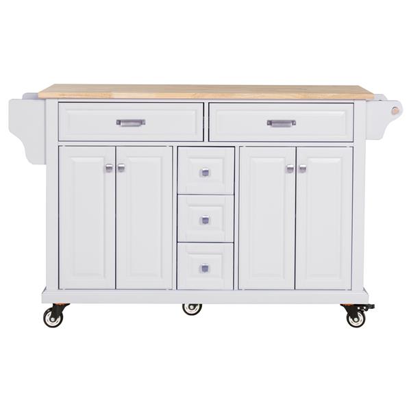 Kitchen Island with Rubber wood Countertop, Kitchen Cart on 5 Wheels with Storage Cabinet and 5 Drawers for Dinning Room, White