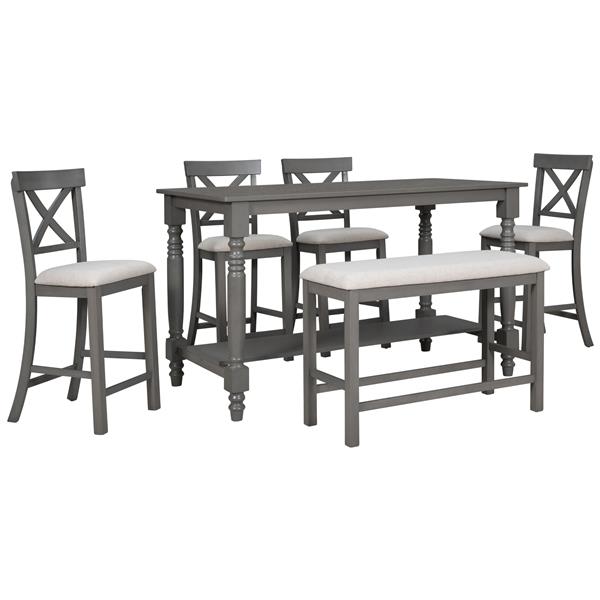 6-Piece Counter Height Dining Table Set Table with Shelf 4 Chairs and Bench for Dining Room (Gray)