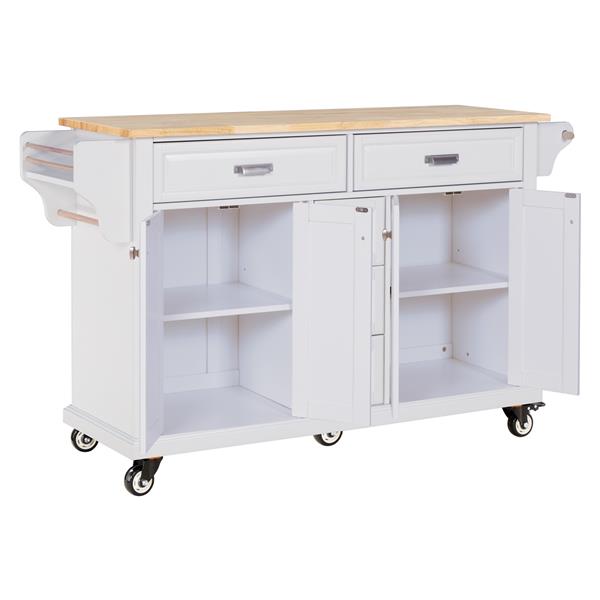 Kitchen Island with Rubber wood Countertop, Kitchen Cart on 5 Wheels with Storage Cabinet and 5 Drawers for Dinning Room, White