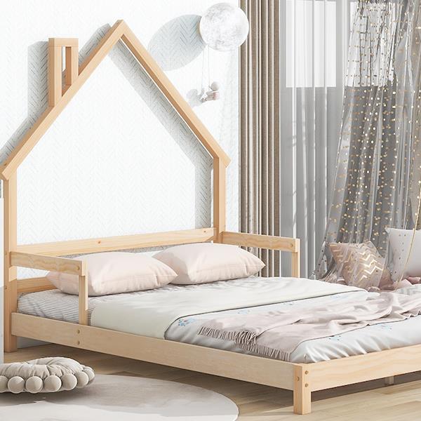 Full House-Shaped Headboard Bed with Handrails ,slats
,Natural