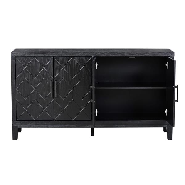 4-door Retro Sideboard with Adjustable Shelves, Two Large Cabinet with Long Handle, for Living Room and Dining Room (Black)