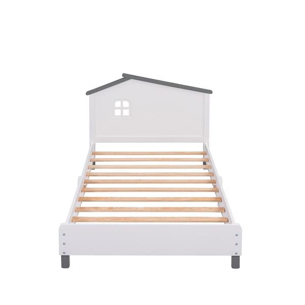 Twin Size Wood Platform Bed with House-shaped Headboard  (White+Gray)